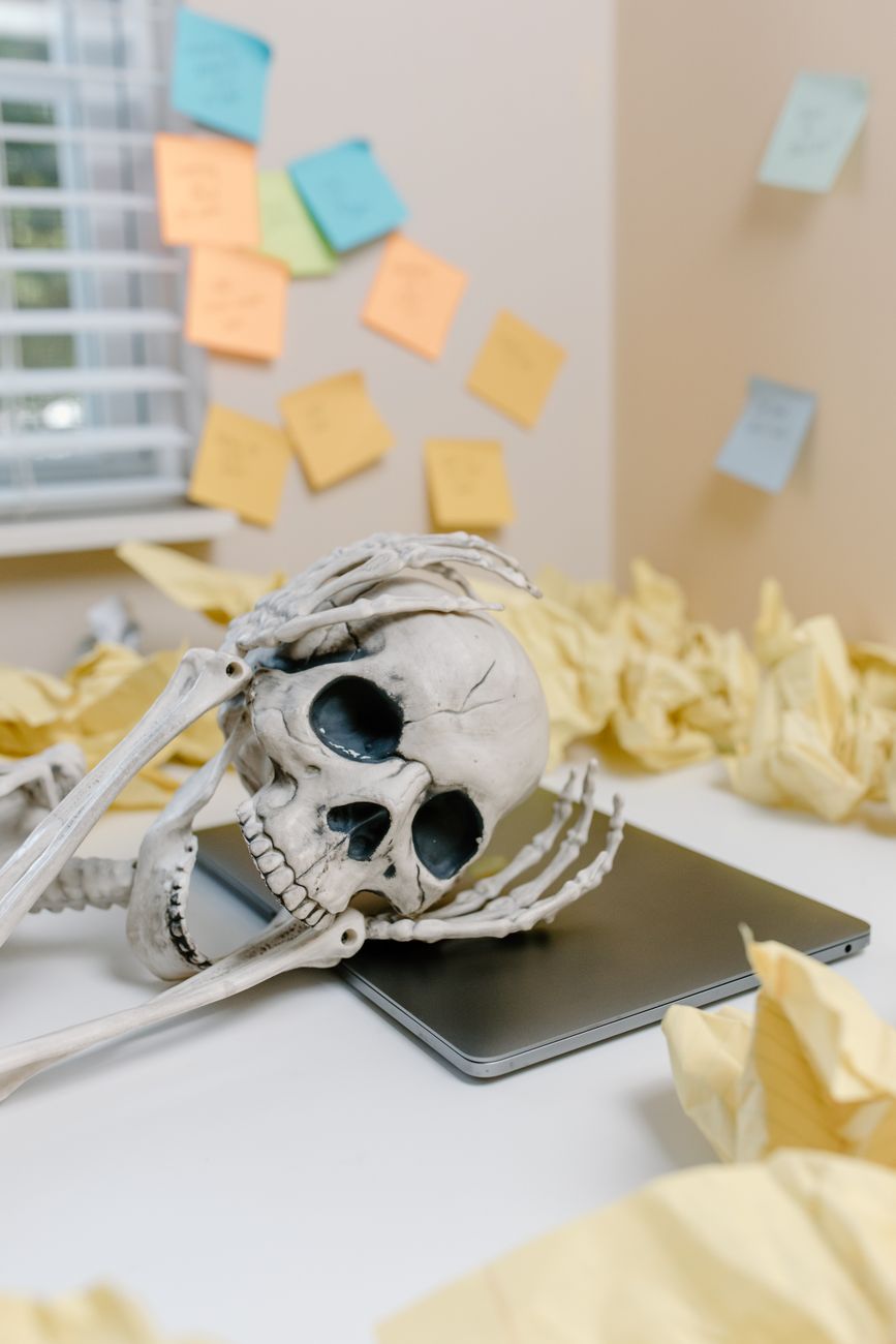 human skeleton on top of a laptop